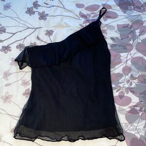 100% Silk One Shoulder Ruffle Black Blouse